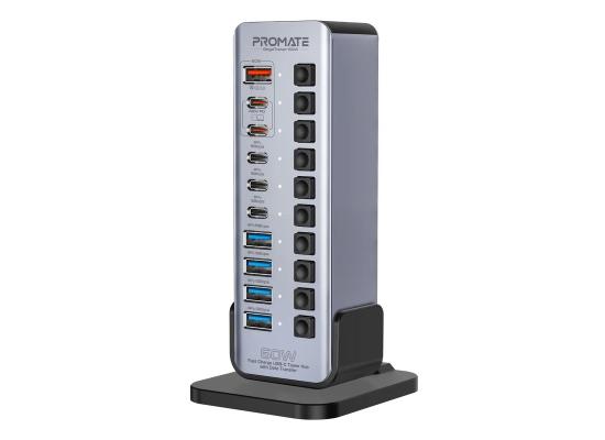 Promate GegaTower-60W, Fast Charge Multi-port USB-C Tower Hub with 5Gbps Data Transfer